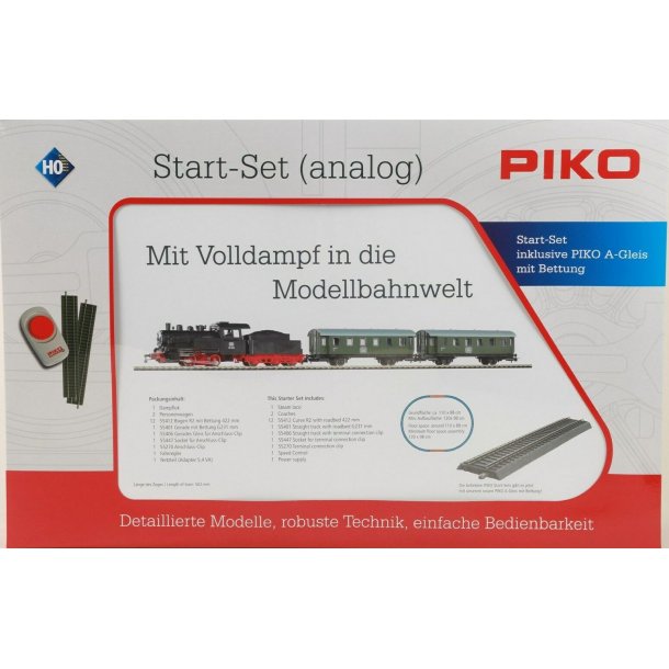 Piko HO 57112 DB startst med damplok og 2 personvogne til analog DC drift. 