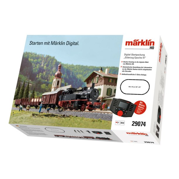 Mrklin 29074 DB startst med MFX og damplok BR 74 med 3 godsvogne samt mobil station.