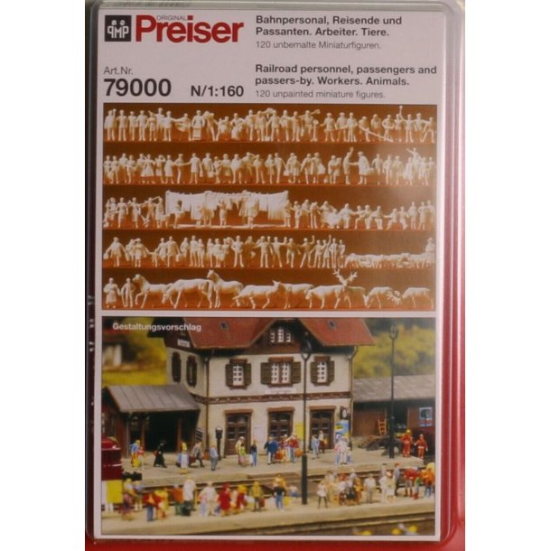 Preiser 79000 spor N figur st umalede jernbanepersonale, rejsende. arbejdere. dyr. 120stk.