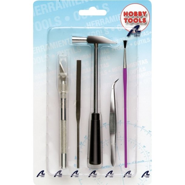 Artesania Latina 27050 Vrktjsst hobbykniv, fil, mini-hammer, pincet og pensel
