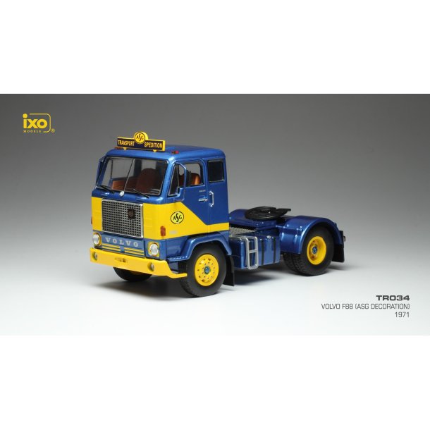 IXO TR034 Volvo F88 lastbil "ASG" bl-gul rgang 1971 skala1:43