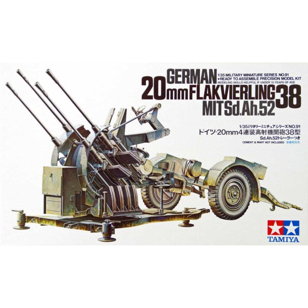 Tamiya 35091 German 20mm Flakvierling 38 mit Sd.Ah.52 byggest Skala 1:35