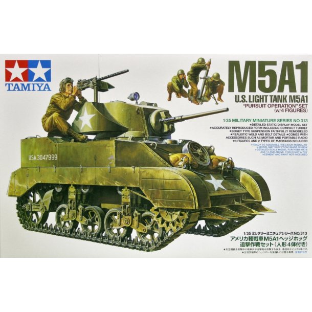 Tamiya 35313 US Light Tank M5A1 Operation w/4 Figurer byggest Scala 1:35  