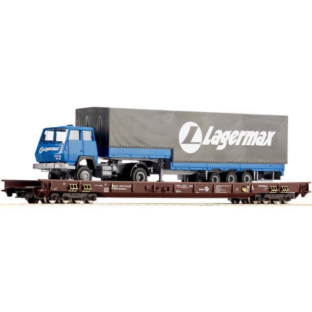 Roco HO 67214 �BB rullende landevej 6-akslet lavgulvsvogn "Rullende Landvej" type Saadkms. Lastet med Steyr s�ttevogn "Lagermax