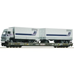 Roco HO 67530 HUPAC lavgulvsvogn mellem mellemliggende vogne "Rullende landevej" lastet med et Steyr-vogntog.