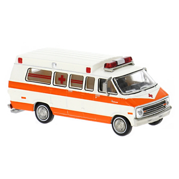 Brekina 18300 Dodge B 200 Ambulance hvid/orange �rgang 1975. Nyhed 2026
