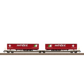 Trix HO 24475 Hupac AG dobbeltlommevogn type Sdggmrss (T3000e) med 2 trailer fra Sch�ni spedit�rfirma. Nyhed 2026. P� lager d.5.10.2026