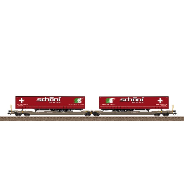 Trix HO 24475 Hupac AG dobbeltlommevogn type Sdggmrss (T3000e) med 2 trailer fra Sch�ni spedit�rfirma. Nyhed 2026. P� lager d.5.10.2026