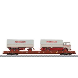 M�rklin  47412 DB fladvogn Rullende Landevej lastet. Lastet med radiostyret MB 1620 lastbil med anh�nger. Nyhed 2026